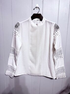#15)  Bella White Crochet-Panel Long Sleeve Blouse
